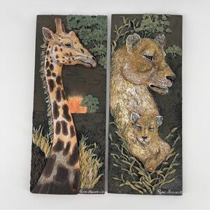 Set of 2 Painted Wildlife 3D Wall Plaques by Ruane Manning, Giraffe & Lions